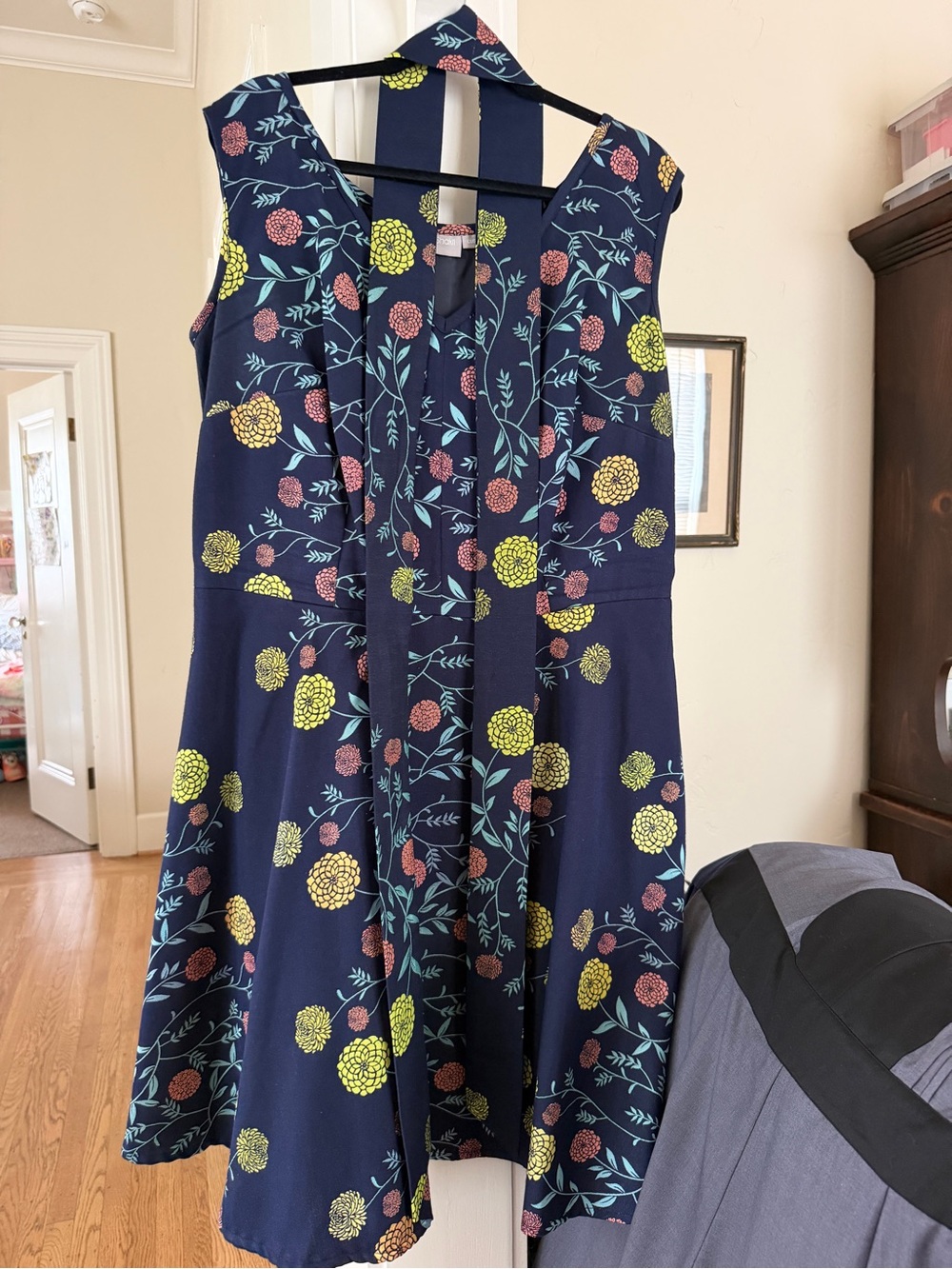eshakti Navy Floral Fit-and-Flare Dress with Yellow and Coral Accents